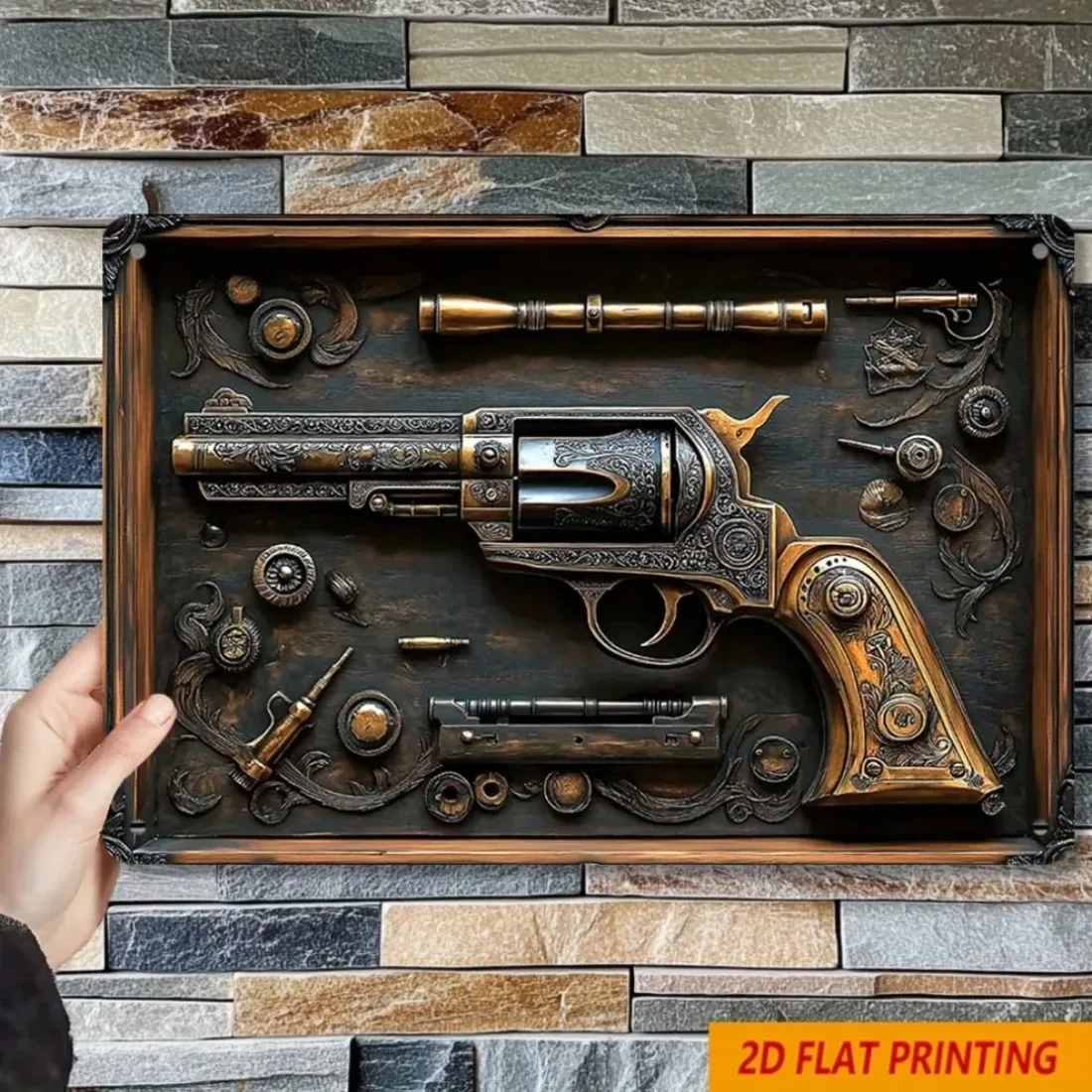 True Man's Toys Vintage-Metallblechschild, 30,5 x 20,3 cm, Revolver-Zahnräder-Design für Zuhause, Bar, Männerhöhle, Wanddekoration