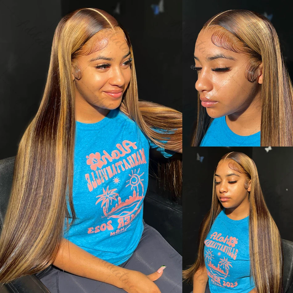 Destaque Ombre Straight Lace Frontal Wig para mulheres, peruca de cabelo humano, HD Lace Front, 13x4, 30, 40 Polegada, 4, 27