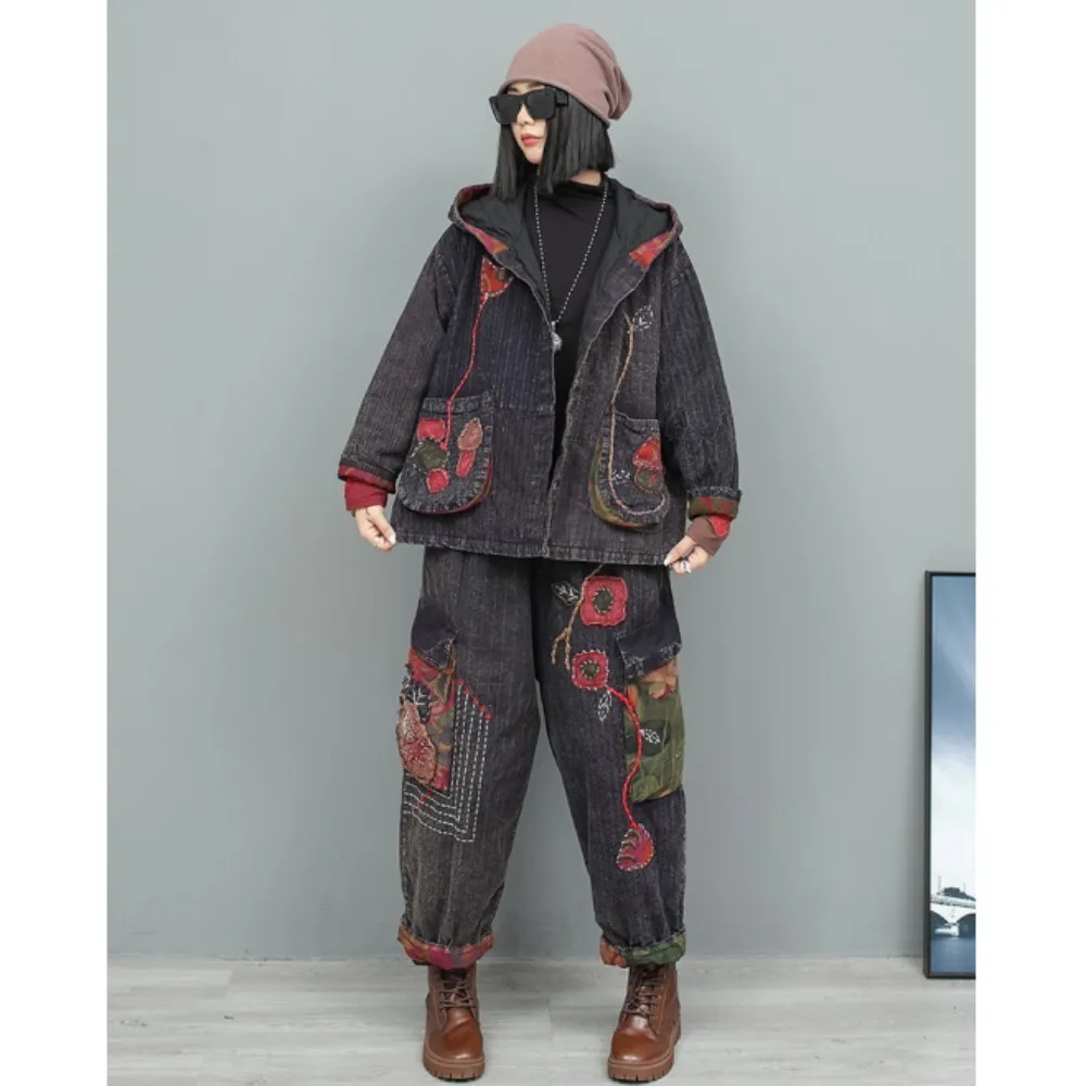 Heavy Industry Hand Embroidered Pant Set Women Cotton Old Cloth Hooded Coat + Straight Leg Pants Two Piece Set Winter LX2594