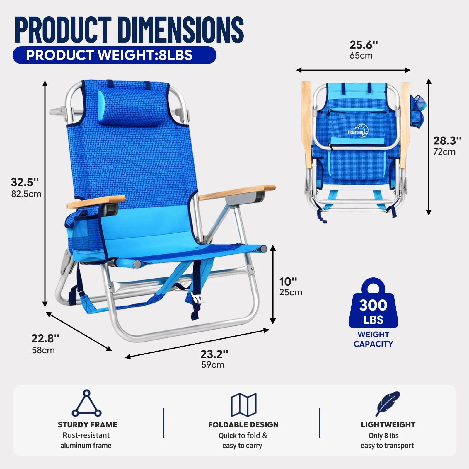 2 Pack Backpack Beach Chair for Adults Capacity 300 LBS Low 5 Position
