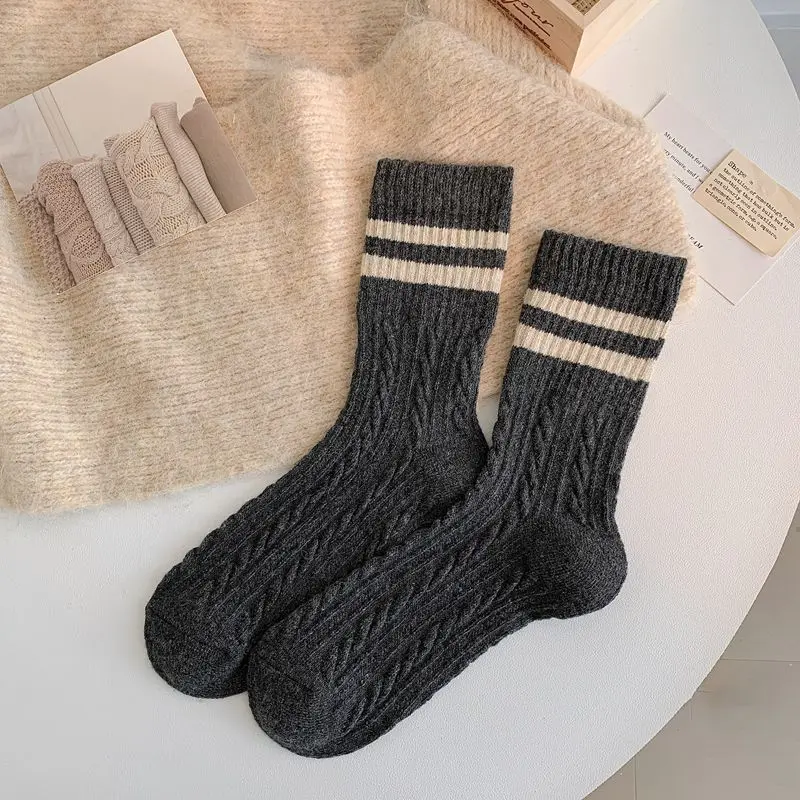 5/10 Paar Damen Herbst-Winter gestreifte mittelhohe Socken, warm, bequem, modisch, College-Stil, dreidimensionale Textur, lässige Socken – Detail 3