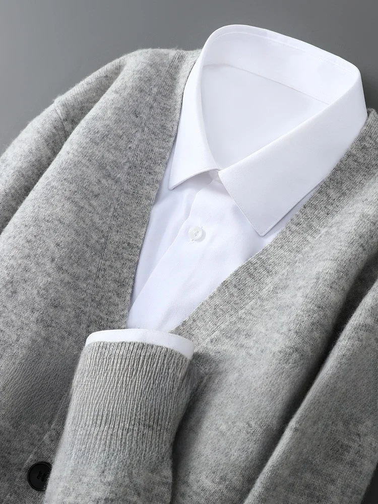 

00% Pure Wool Men's Open Cardigan Outerwear Loose V-ne Sweater Spring Autumn High-end Knitted Base Camere irt Thin Model