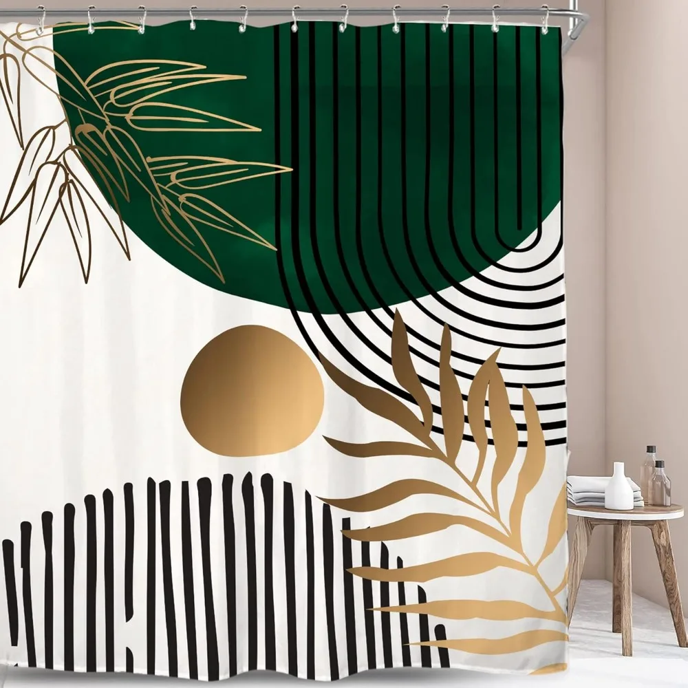 Abstract Leaves Shower Curtain Emerald Green Modern Tropical Simple Minimalist Chic Waterproof Bathroom Curtain with 12 Hooks