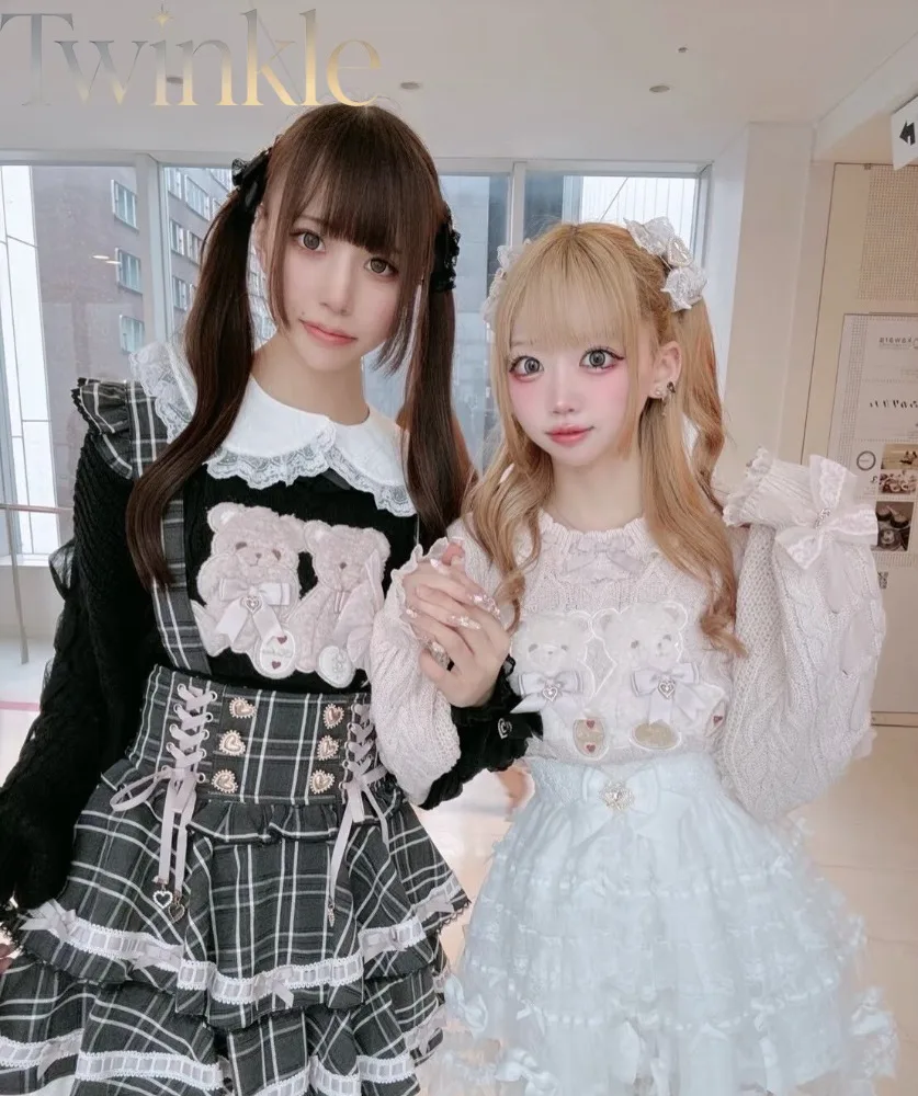 Kawaii Lolita Twin Bear Knit Sweater Women Cute Japanese Cartoon Bear Pullover Classic Winter Warm Long Sleeve Cozy Jumper
