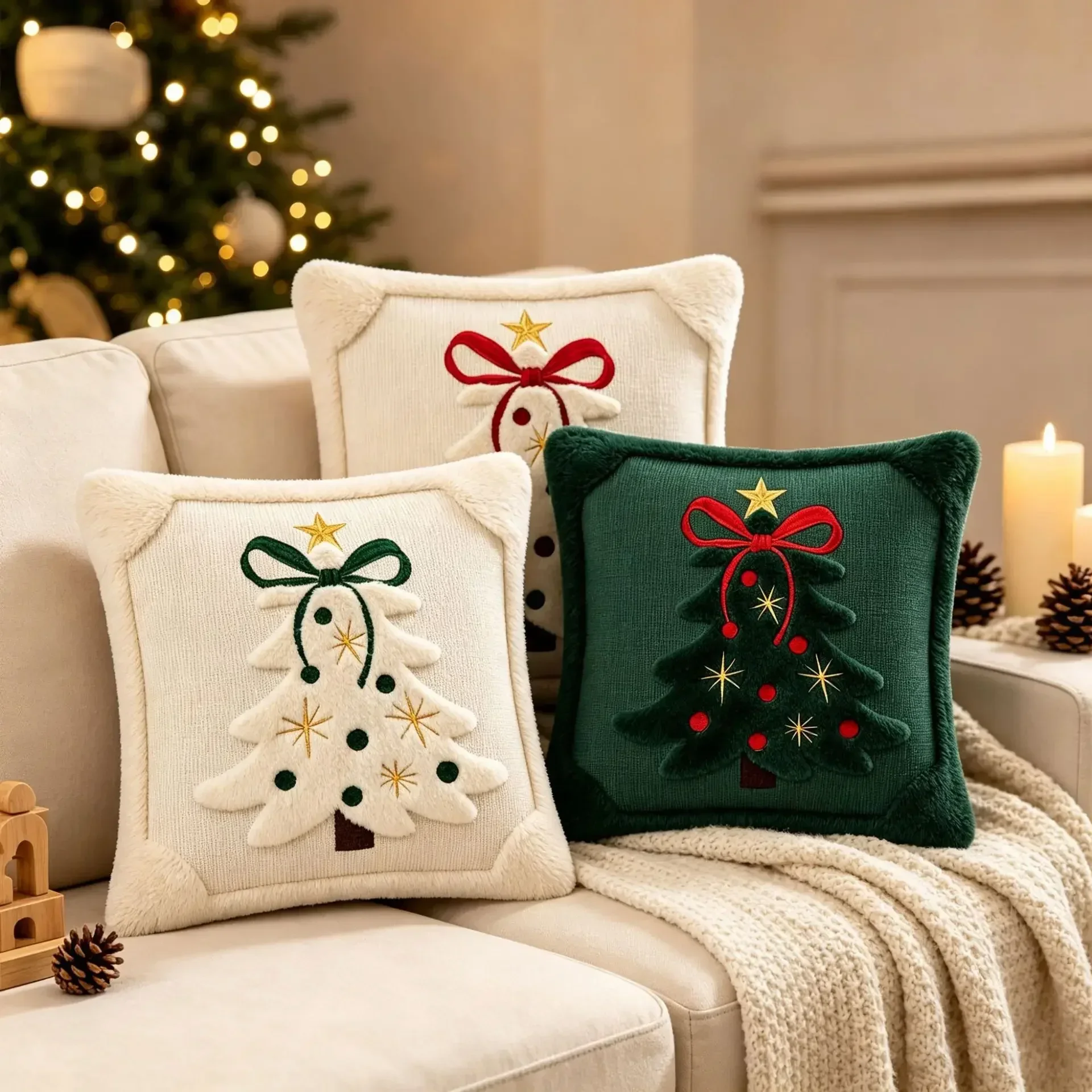 Bow and Christmas Tree Embroidered Sofa Pillow Covers—Add the Perfect Festive Touch to Your Home (Pillow inserts not included)