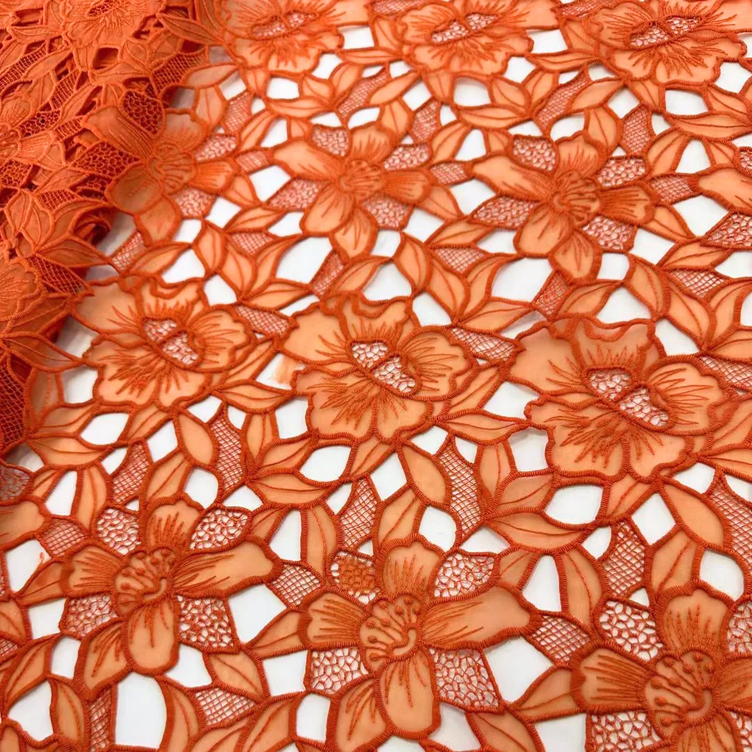 

Оранжевое нигерийское гипюровое кружево с вышивкой, водорастворимое, с цветочным узором, сетчатый тюль высокого качества для вечерних платьев и свадебного шитья