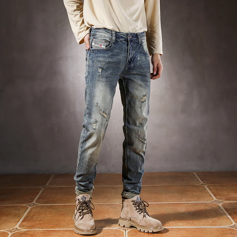 Spring/Summer New Men's Trendy Brand European and American Ripped Patch Retro Slim Fit Pants Skinny Jeans Men