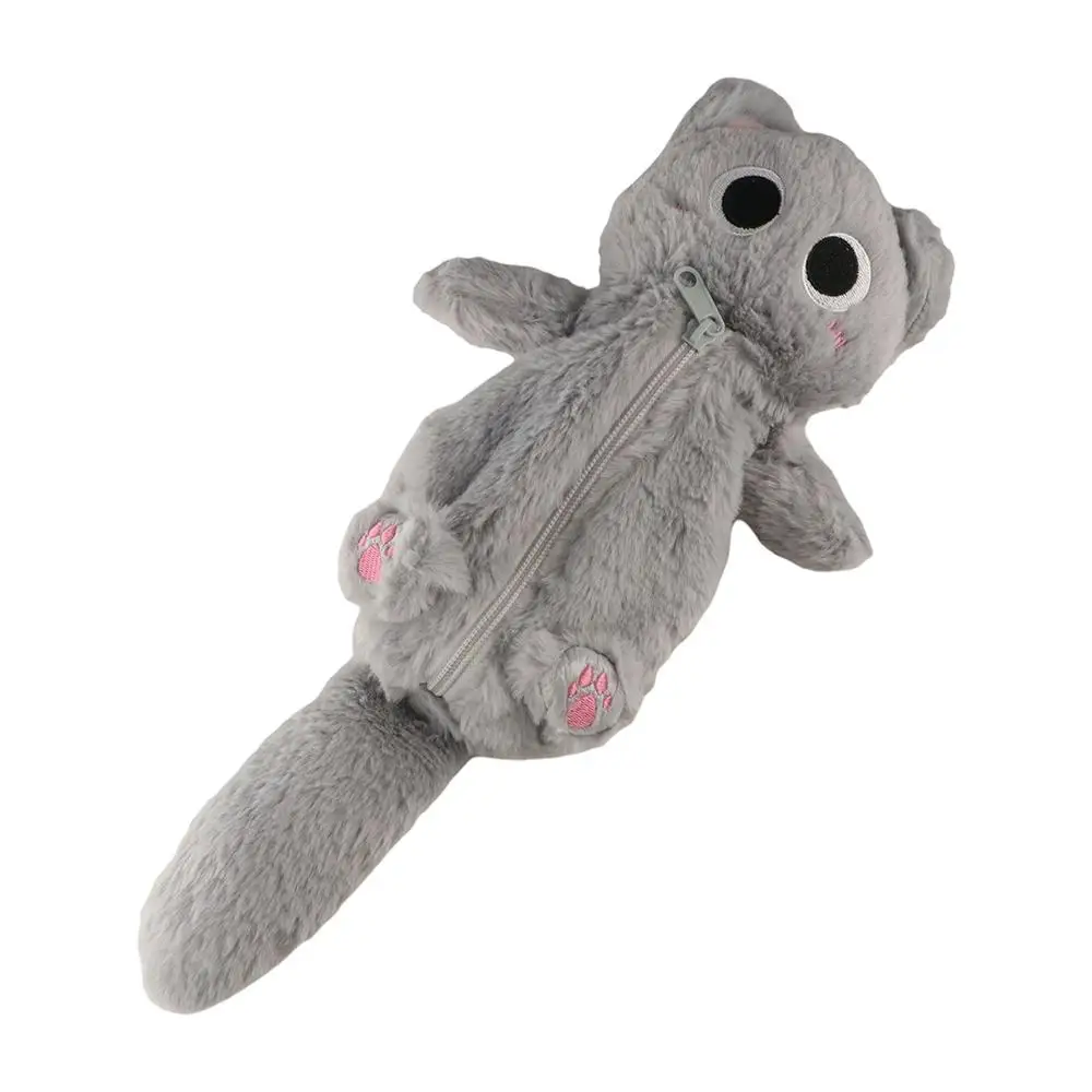 Pen Holder Plush Gray Cat Pencil Bag Thicken Zipper Cute Kitten Pencil Case Kawaii Soft Kitten Stationery Bag Desktop Organizer