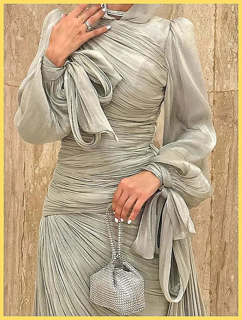 Elegant Pleated Maxi Dress for Women, High Waist Long Sleeve Evening Gown for Party Banquet