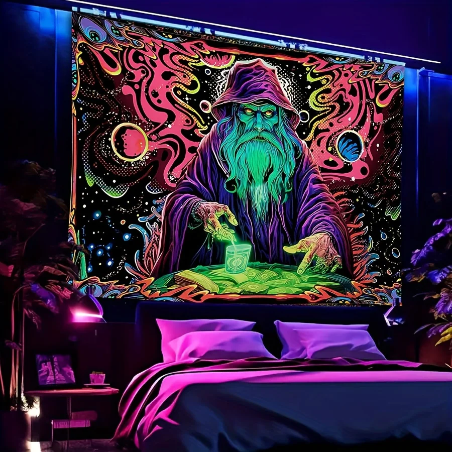 Psychedelic Wizard Tapestry: Vibrant Neon Wall Art for an Enchanting, Magical, and Unique Decor Statement Piece