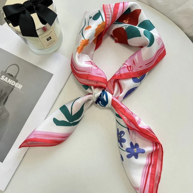 70cm Flower Printed Scarf For Women Silk Satin Bandana Head Scarfs Female Square Headband Shawls Cute Neck Scarves For Women