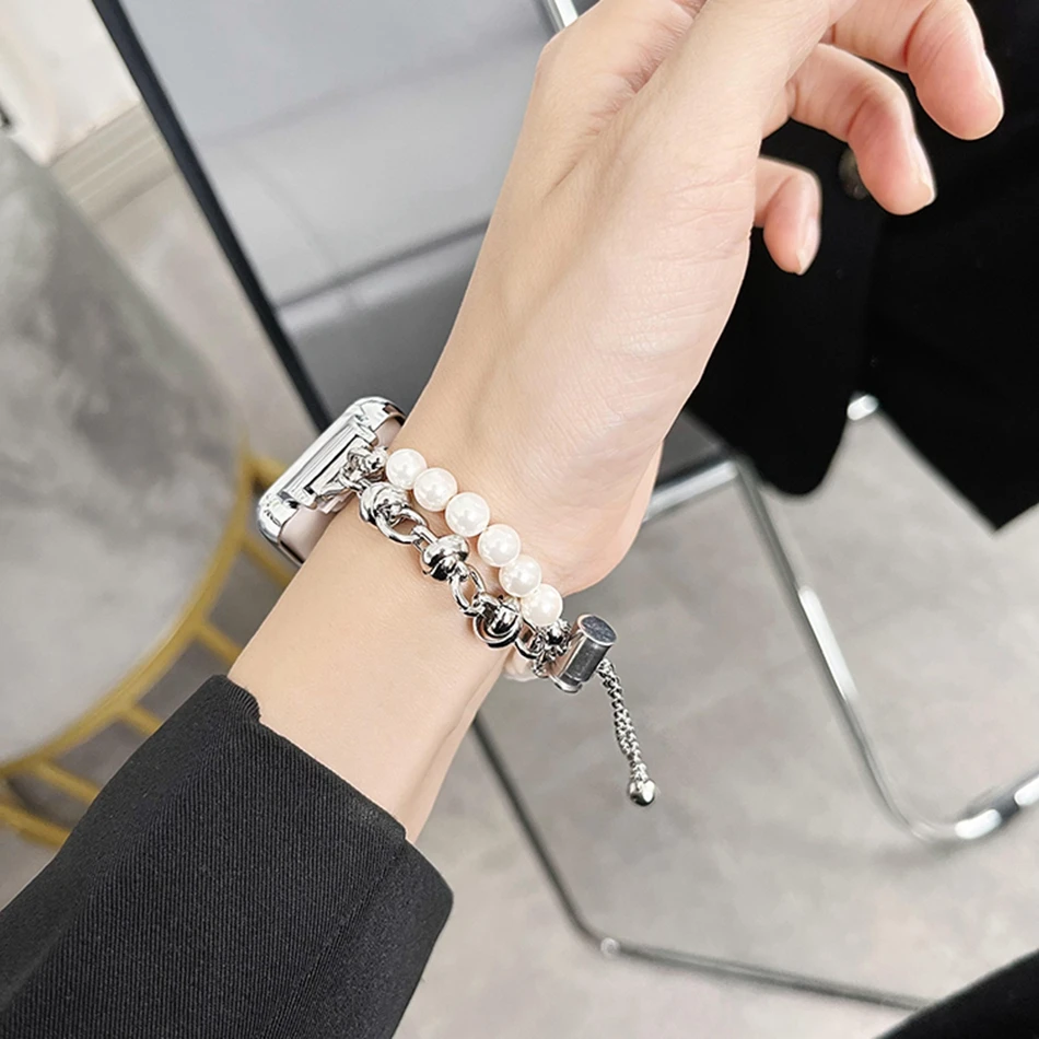 สายโลหะสำหรับ Xiaomi Mi Band 7 Pro สายนาฬิกาพร้อมสายรัดข้อมือแฟชั่น INS ผู้หญิงหรูหราสร้อยข้อมือโซ่มุก Miband 7 Pro