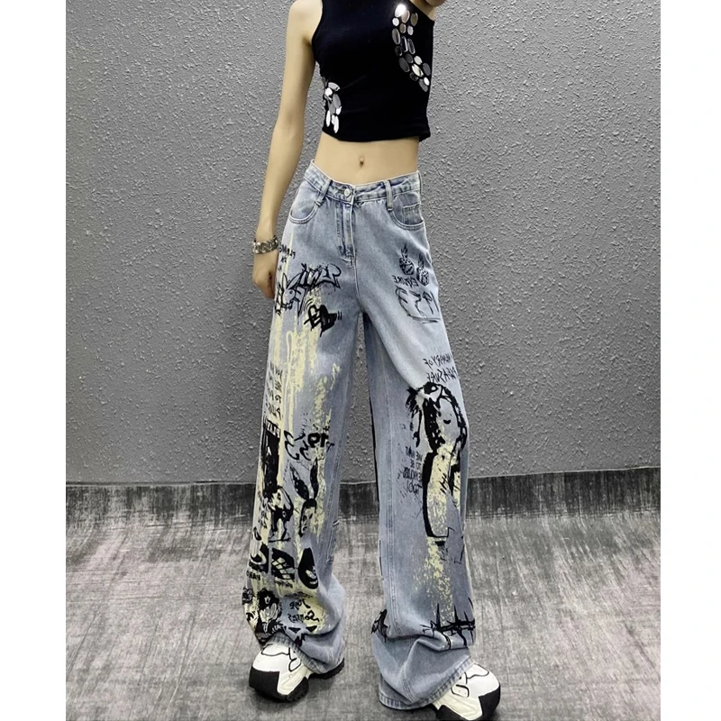 Spray-painted Ink Design Washed Jeans For Women 2024 Autumn New High-waisted Loose Printed Versatile Straight Wide-leg Pants