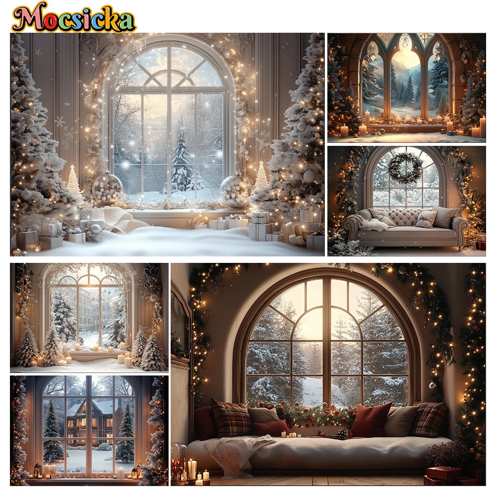 

Mocsicka Christmas Winter Photography Background Fireplace Curtains Couch Warm Holiday Party Kids Photo Background Studio Prop