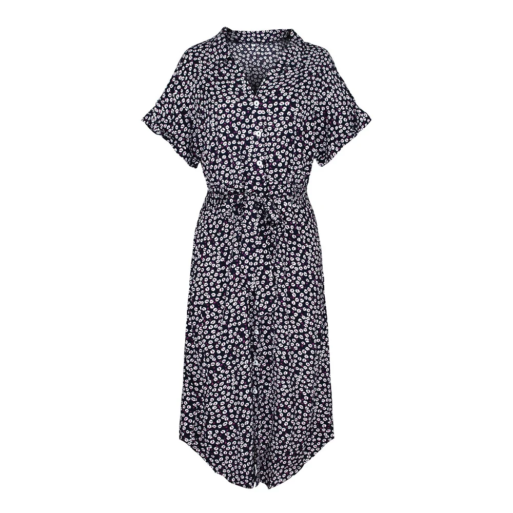 Abito longuette floreale da donna Casual manica corta con bottoni Abiti da vacanza 2023 Estate femminile con scollo a V Beach Boho Lace up Elegante abito