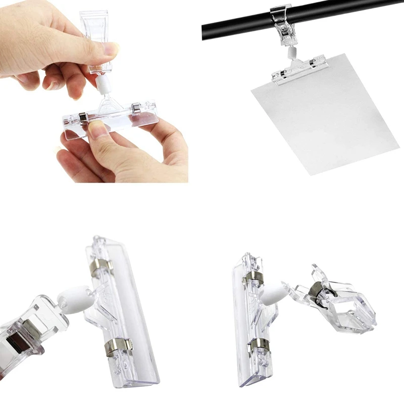 Clipes de sinal de plástico transparente, Sign Holder Stand, Clipes Preço Swivel, Roupas Rack, Sinais Tag, Tag Signs, Plastic Clip, 16Pcs
