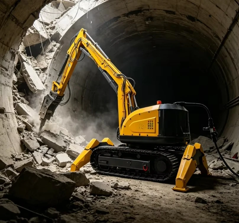 Diesel Remote Operated Crawler Demolition Excavator With Hydraulic Breaker Stabilizer Outriggers And Dust Suppression