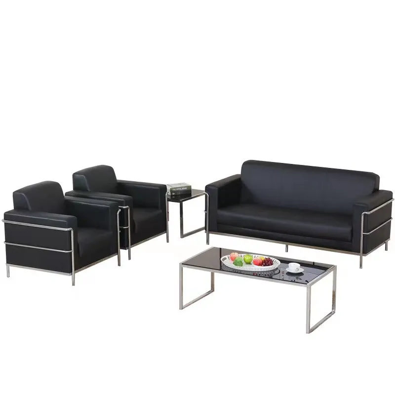 

VIP reception simple black sofa, coffee table combination, classic leather stainless steel sofa three people