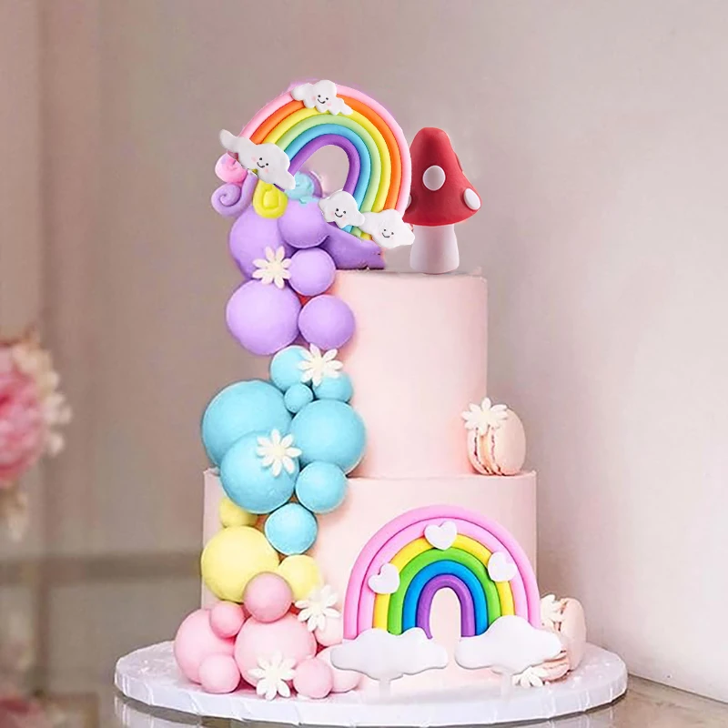 

23pcs Rainbow Cake Decoration Pink Blue Foam Balls Mushroom Cake Toppers Baby Shower Girl 1st Birthday Party Wedding Cake Decor