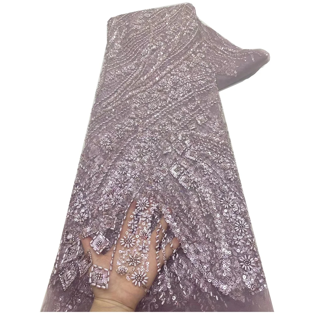 Новейшая роскошная кружевная ткань с вышивкой бисером и камнями, 5 ярдов, элегантное африканское кружево с бусинами для шитья свадебного платья 2025