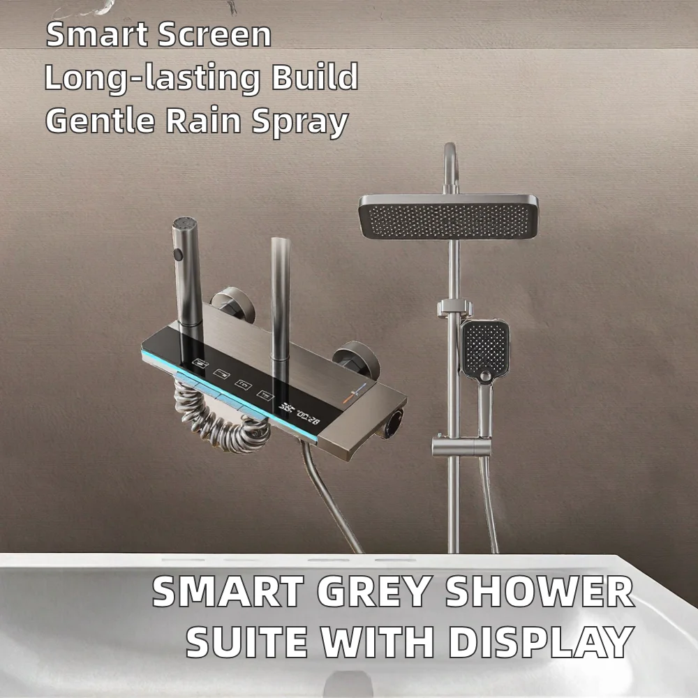 Set Doccia Intelligente Grigio Spazzolato con Display Digitale, Tasti a Pianoforte, Valvola in Ceramica a Tre Maniglie, Massaggio a Pioggia Delicata