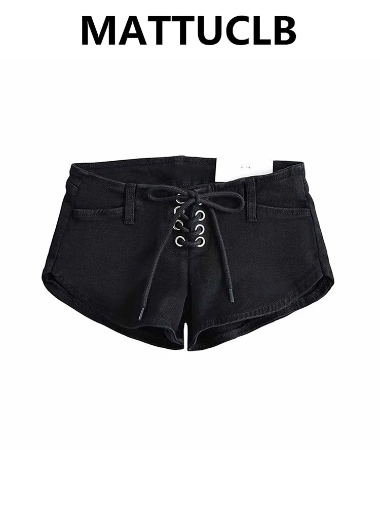 

Summer Women Low Rise Gyaru Lace Up Jean Shorts Black Kpop Japanese Y2K Shoujo 2000s Grunge Denim Hot Pants Tide High Street