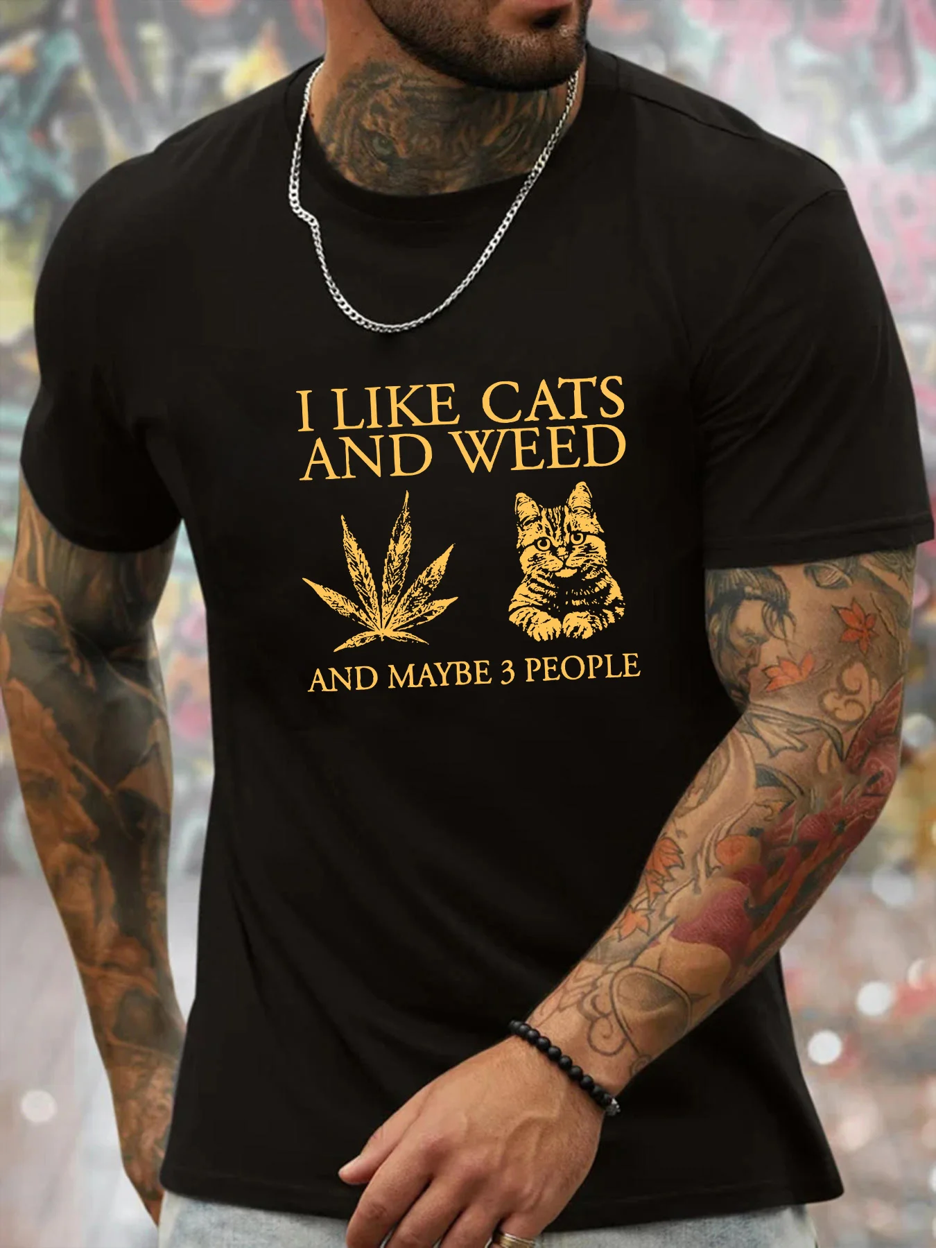 

Comfortable Graphic Print Mens Round Neck I LIKE CATS Short Sleeve Streetwear T-Shirt for Summer Daily Wear