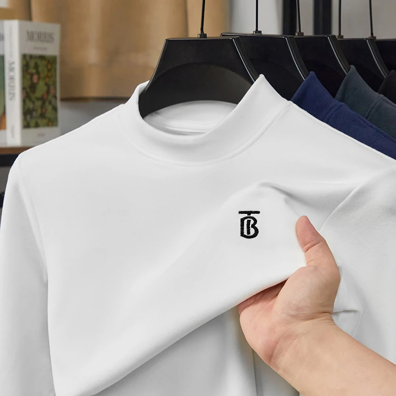 

2025 Men's Autumn/Winter New Classic Letter Embroidered Warm Half High Collar Long Sleeve Minimally Slimming T-shirt