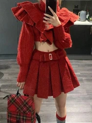 Red Kawaii Knitted Two Piece Set Women Sweet Party Solid Elegant Skirt Suit Female Korean Ruched Sweater＋Pleated Mini Skirt 2024