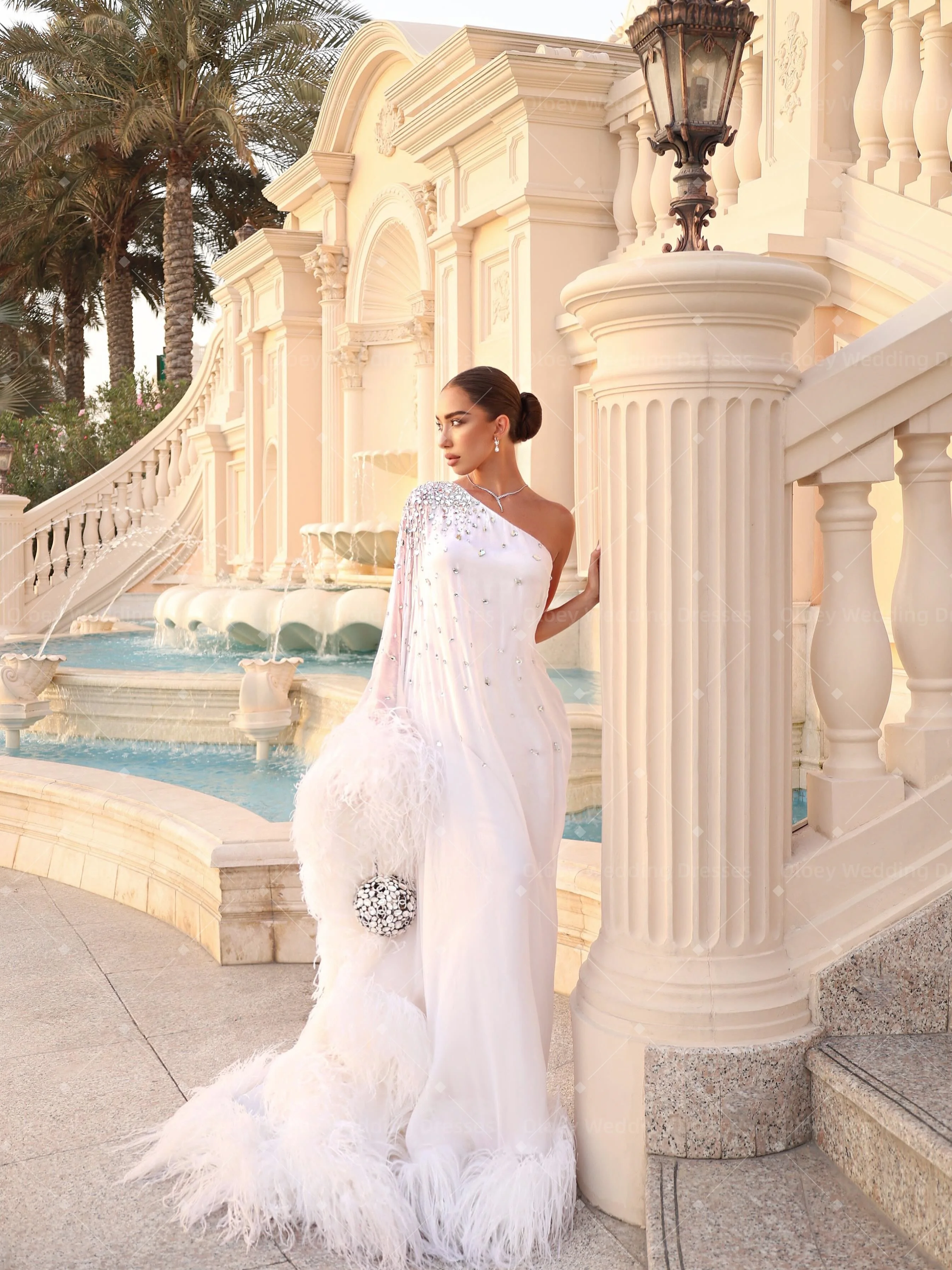 OLOEY Luxury Feathers Dubai Arabic Women Formal Evening Dresses White One Shoulder Straight Occasion Prom Gowns Beaded