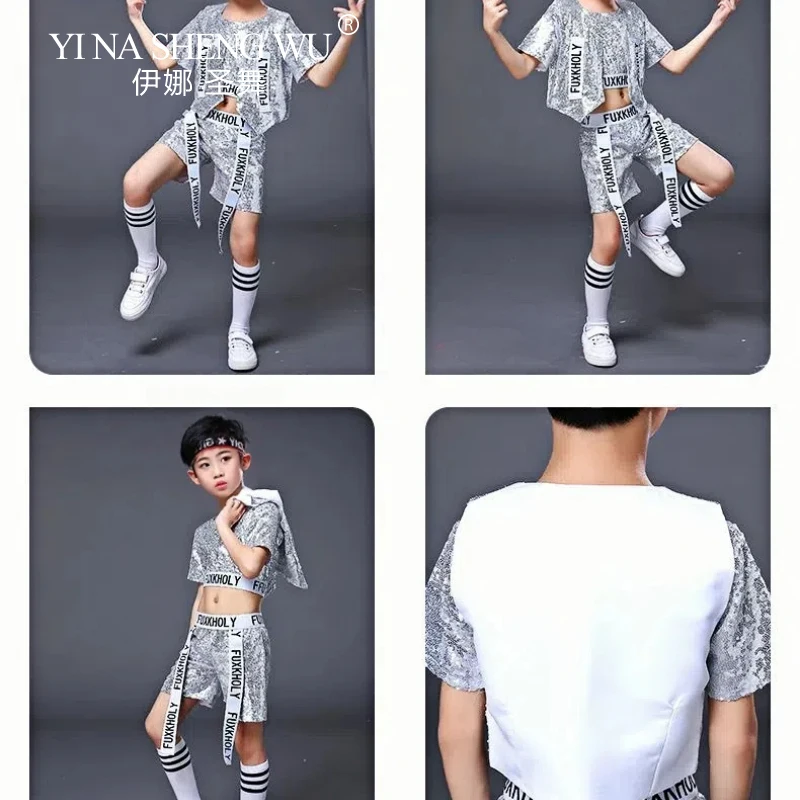 Kinder Hip-Hop Jazz Dance Kostüme Jungen und Mädchen Street Dance & Modern Dance Performance Crop Top mit Shorts Pailletten Set