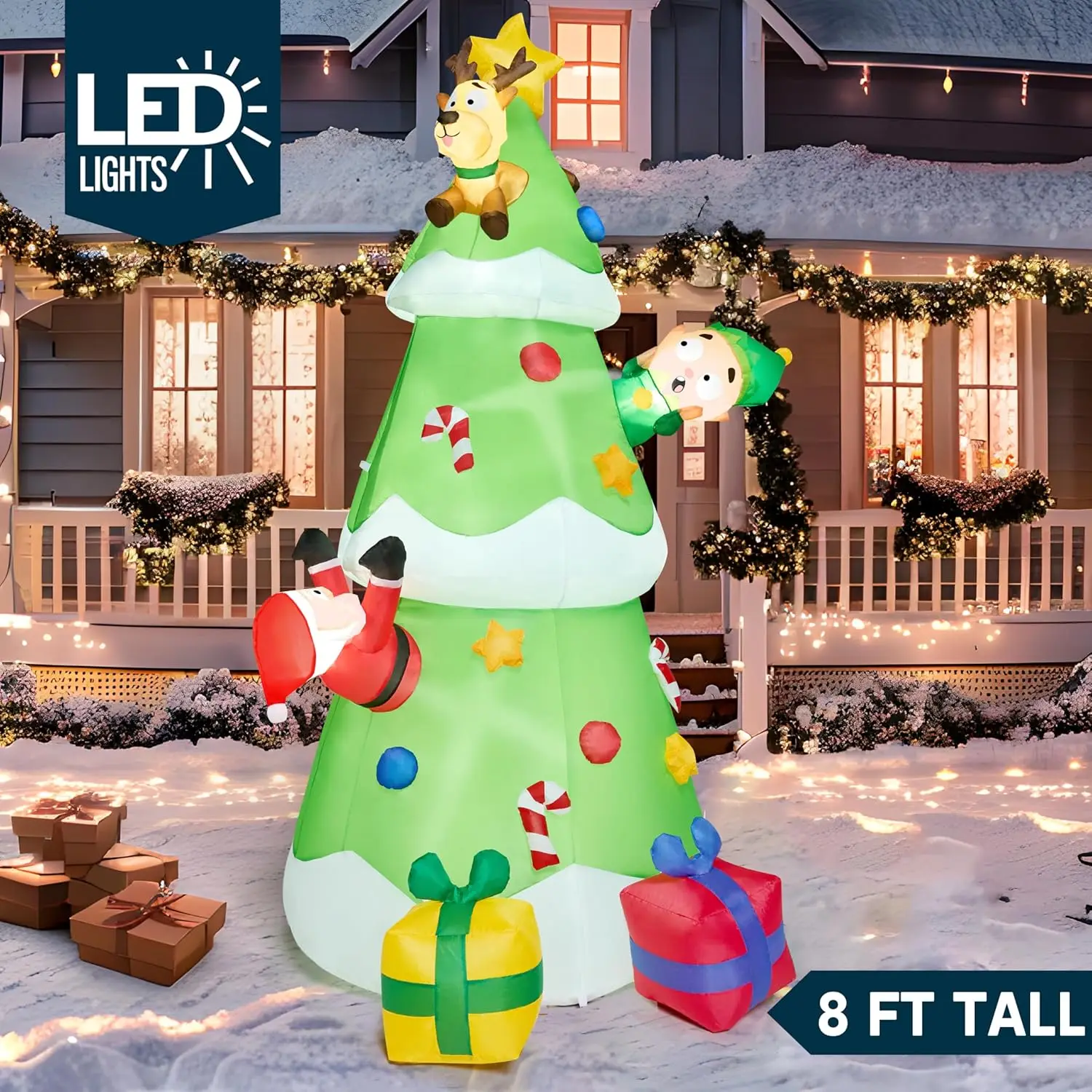 

JOYFY 8-футовая высокая рождественская елка, надувное уличное украшение с Санта-Эльфом и оленем, встроенный светодиодный светильник для рождественской вечеринки