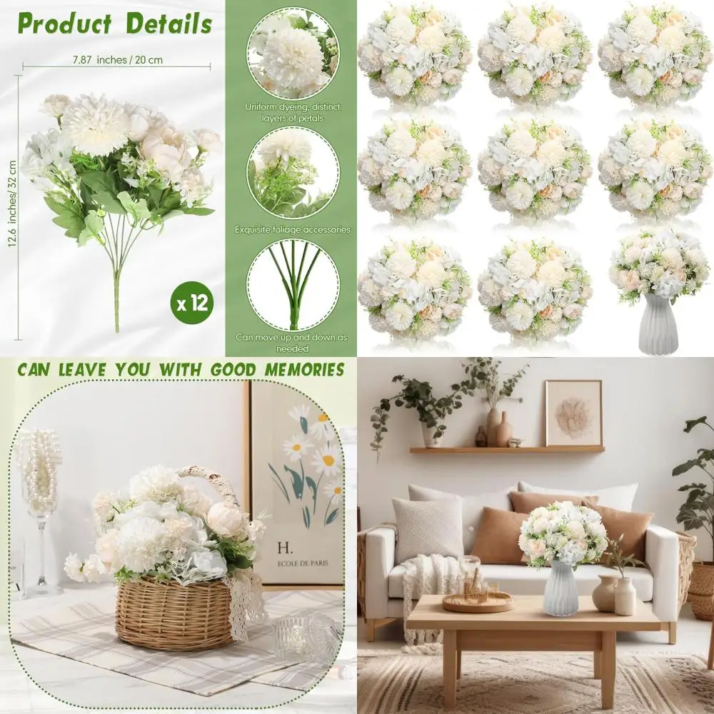 

White Silk Peony and Hydrangea Bouquets Set, 24-piece Wedding Table Centerpiece Floral Arrangement