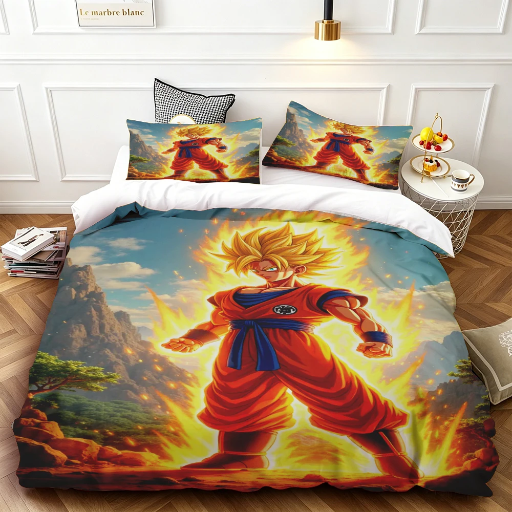 

3pcs Teens Duvet Cover Dragon Ball Goku Cartoon Bedding Set Skin-friendly and Breathable for Bedroom Home Decor