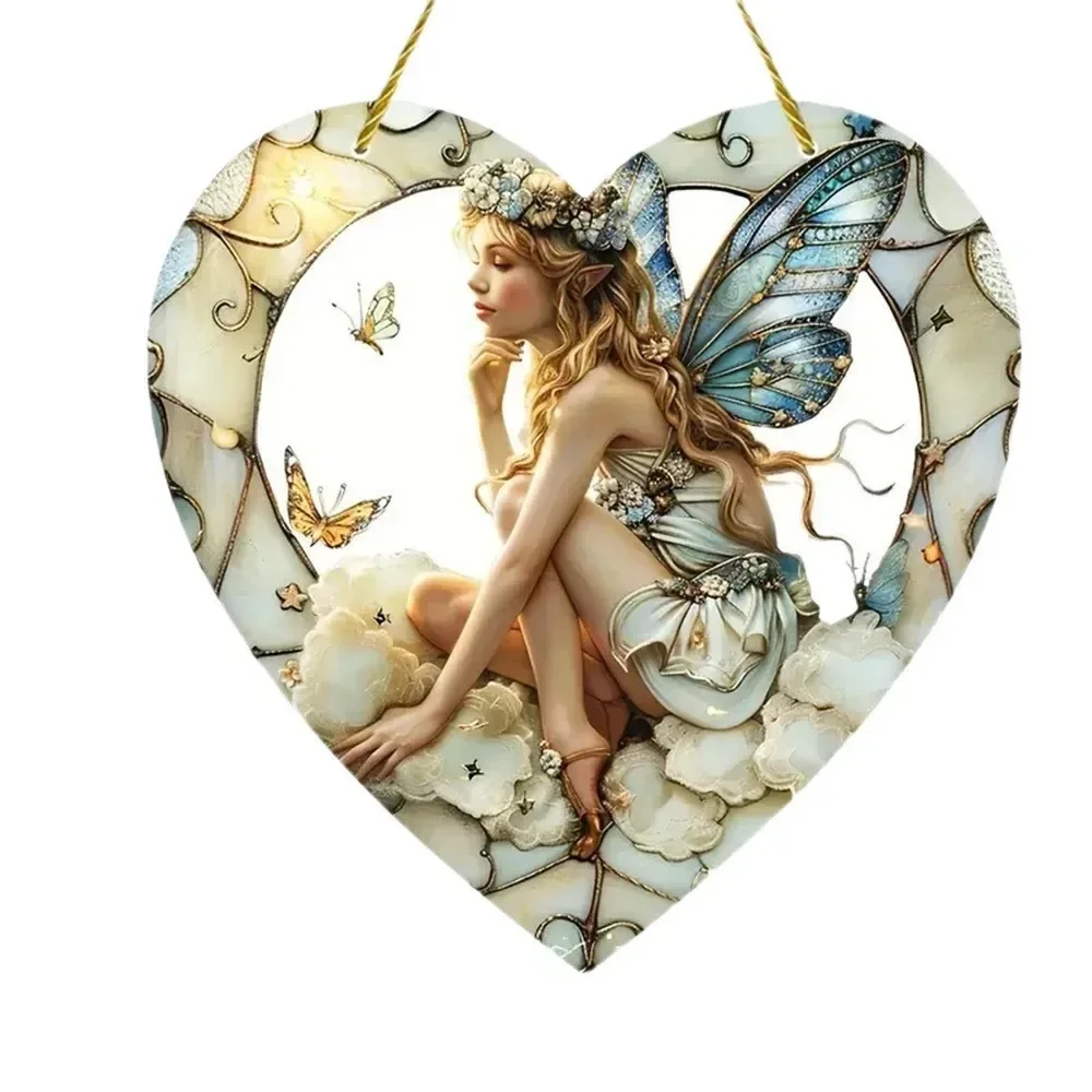 New 1pcs Magical Fairy Magic Night Fairy Suncatcher Stained Glass Acrylic Heart Wall Hanging Home and Garden Outdoor Decorative