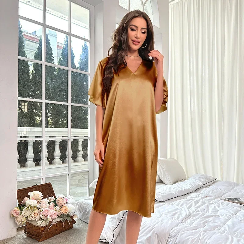 Chemise de nuit sexy en satin à manches courtes et col en V pour femmes, vêtements de nuit pour femmes, vêtements de nuit pour la maison, printemps, été, nouveau