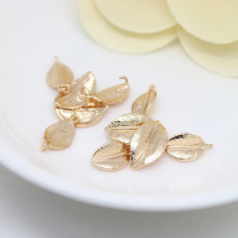 (1616)4PCS 34*19MM 24K Champagne Gold Color Brass Connect Tree Leaf Charms Pendants High Quality Jewelry Findings Accessories