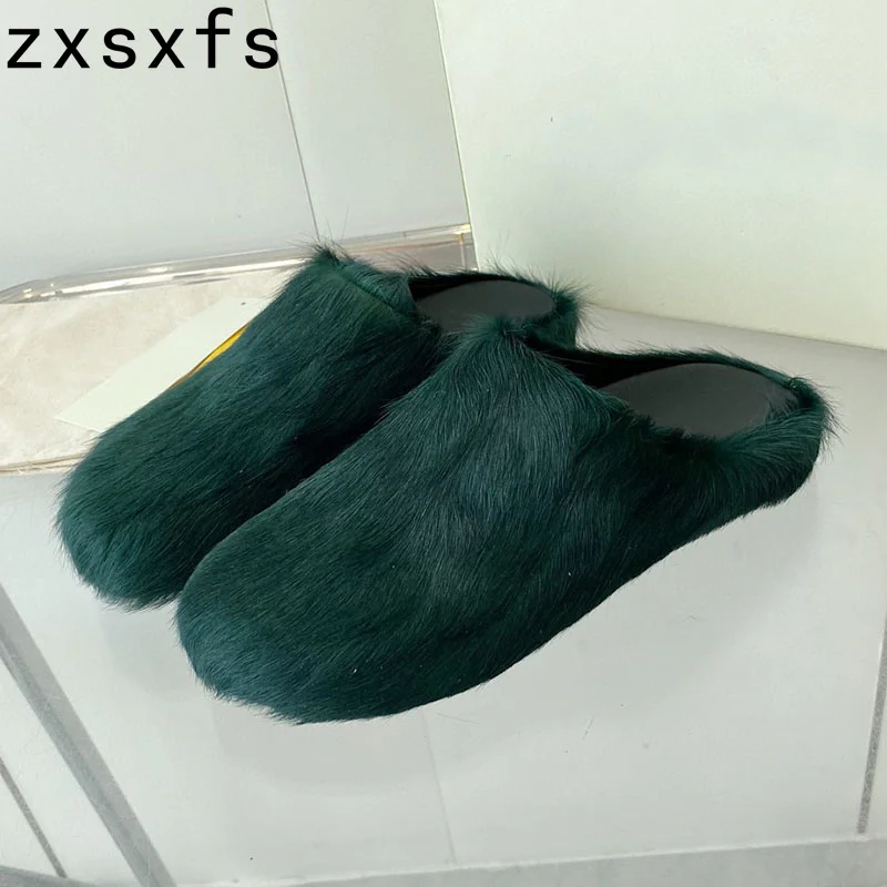 

2023 Horsehair Platform Half Slippers Women Autumn Wrap Toe Slides Thick Sole Flat Fur Shoes Woman Fashion Summer Flat Slippers