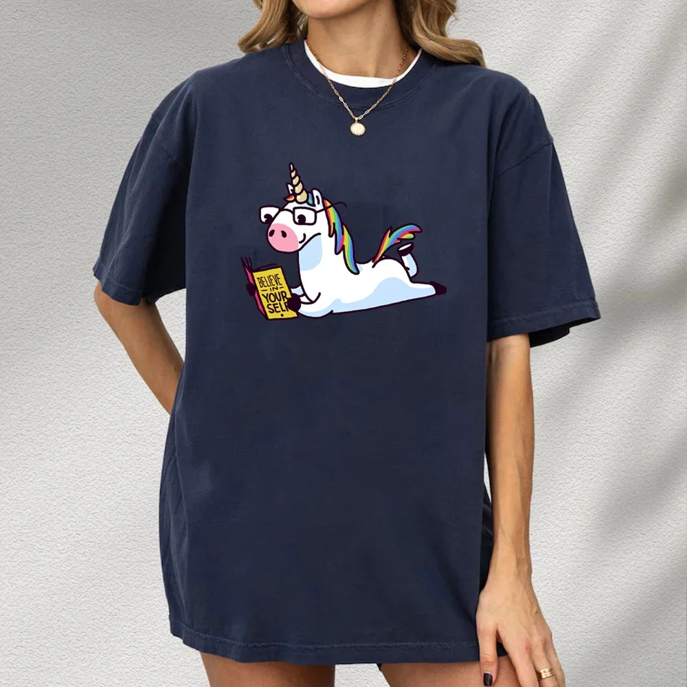 

Unicorn Graphic T Shirts Reader Believe in Yourself Vintage Shirt Summer Cotton Short Sleeve O-neck Tops Streetwear Women Tops