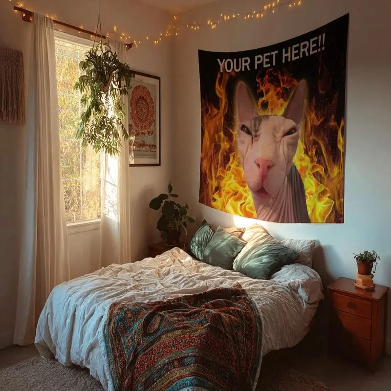 VIKAMA Sphynx Cat Tapestry Flame Background Funny Pet Polyester Wall Hanging Aesthetic Bedroom Dorm Home Decor