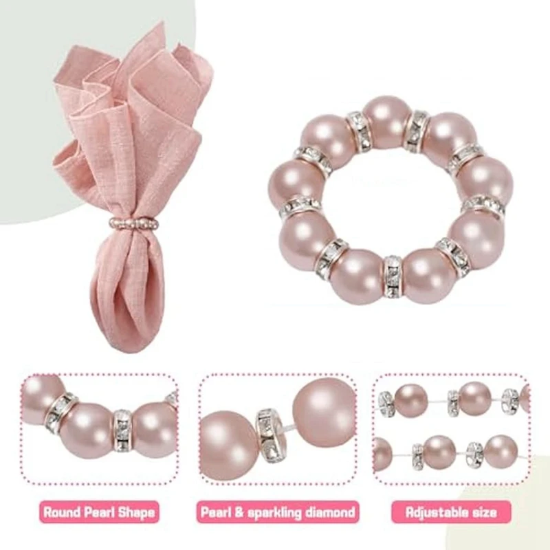 100Pcs Pearl Napkin Rings Stretched Pearl Beaded Napkin Holder Pearl Rhinestone Napkin Holder Buckles Dinner Table Ring