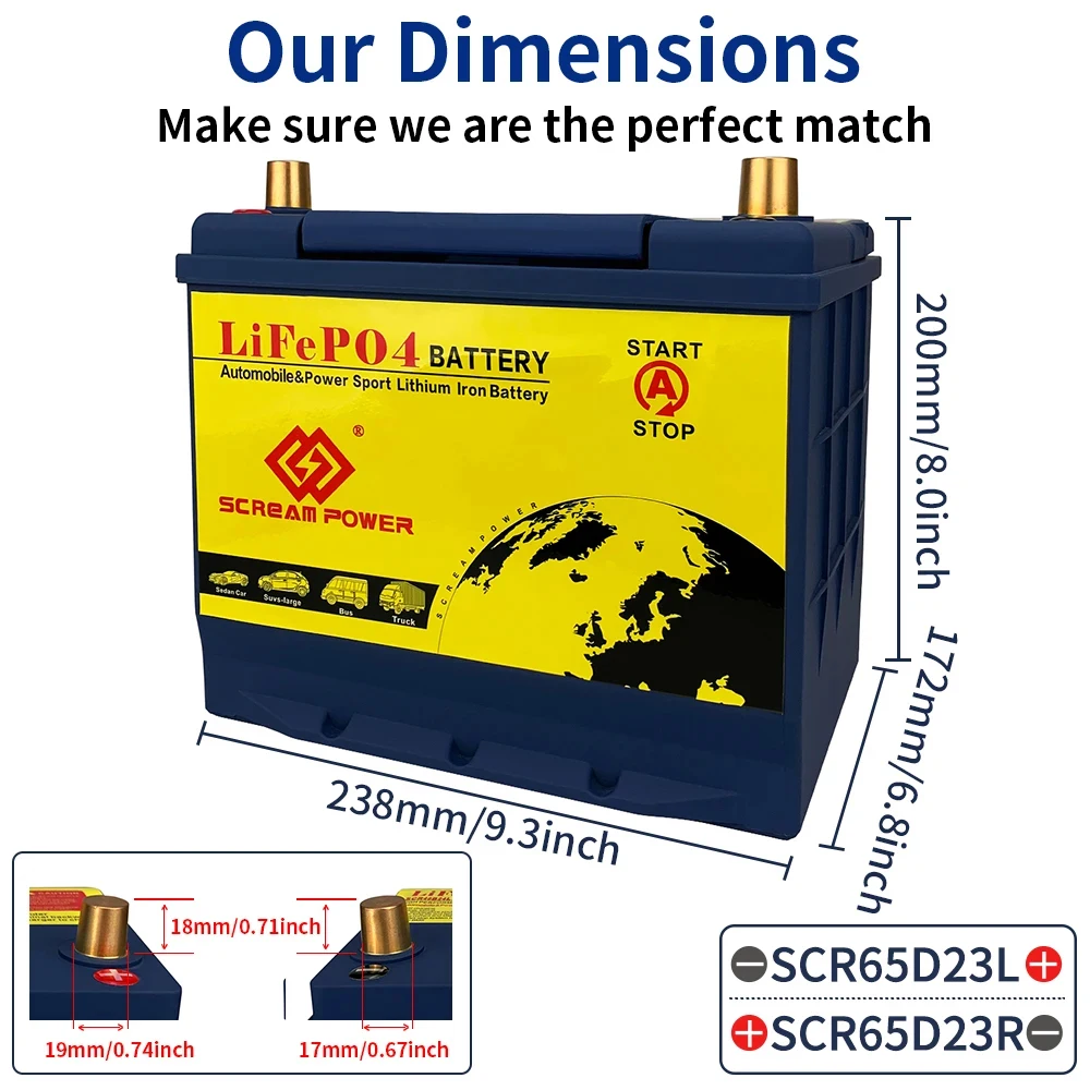 65D23L/R Car Battery 12V LiFePO4 Automotive Battery with BMS Jump Starter Lithium Iron Phosphate Batteries Maintenance Free