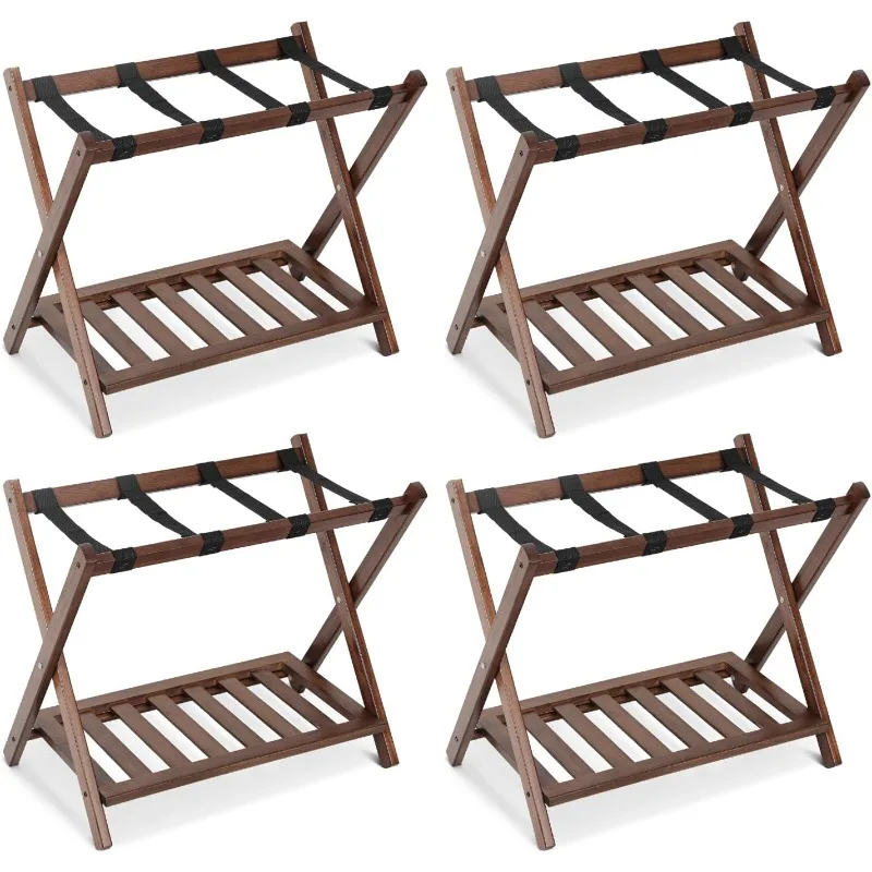 Folding Luggage Racks with Shelf, Wooden Suitcase Stand, 2 Tier Foldable Luggage Racks with Heavy Duty Nylon Belts, Suitcase