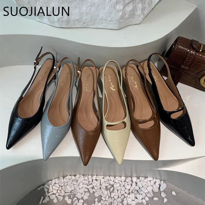 SUOJIALUN Summer New Women Sandal Fashion Pointed Toe Shallow Slip On Ladies Elegant Slingback Shoes Thin Med Heel Dress Mules