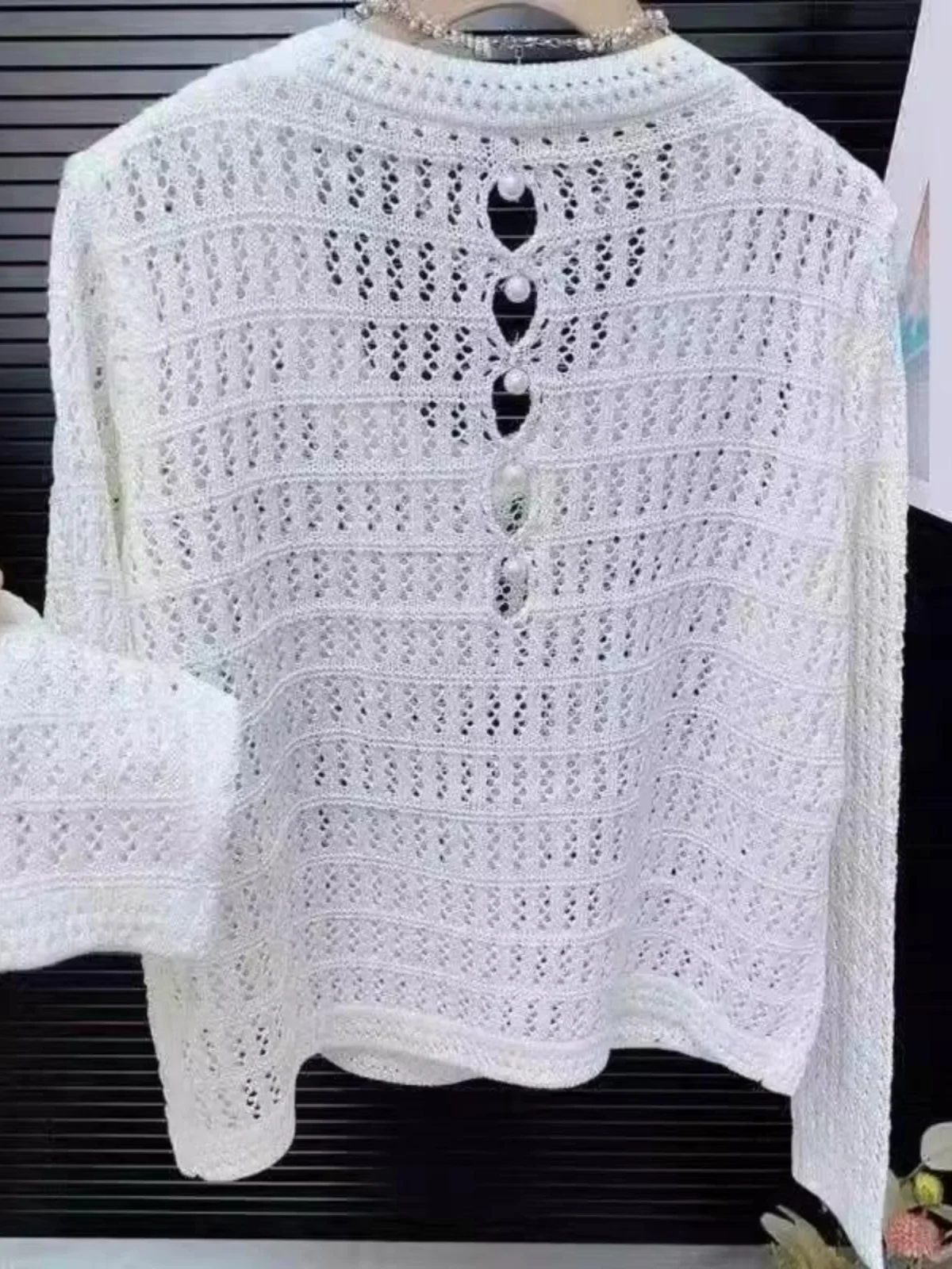 Fashionable Hollow out Knitted Top Pearl Back Long Sleeve round Neck Thin Air Conditioning Cover for Women Summer 2026