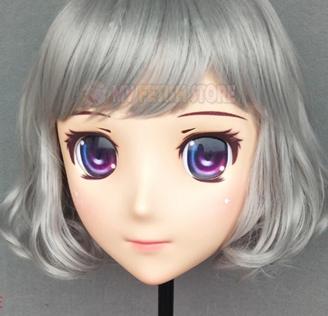 (Jiang23)Female Sweet Girl Resin Half Head Kigurumi Crossdress Cosplay Japanese Anime Role Lolita Doll Mask With Eyes And Wig