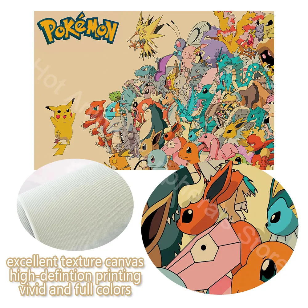 Anime Pokemon alle Charaktere Peripherie geräte Poster Vintage Bild Kunst Wand Pikachu Eeve lutions Leinwand Malerei Geschenk für Kinder