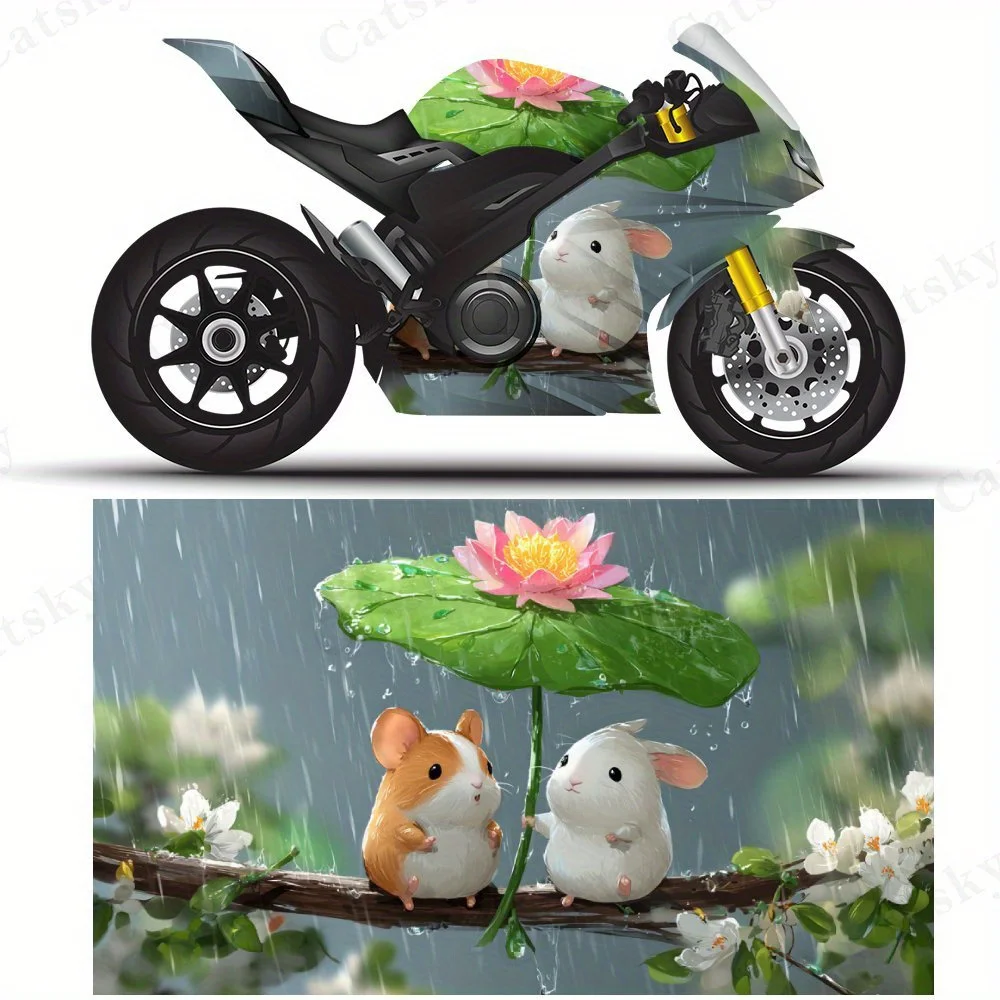 

Кролик и хомяк под листом лотоса в дождевых наклеек на мотоцикле, прочные клейкие наклейки из ПВХ для индивидуального изготовления мотоциклов,