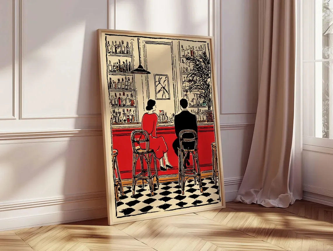 Romantic Bar Scene Art Print, Vintage Couple Poster, Retro Cocktail Bar Wall Art, Modern Line Illustration, Unframed Home Decor
