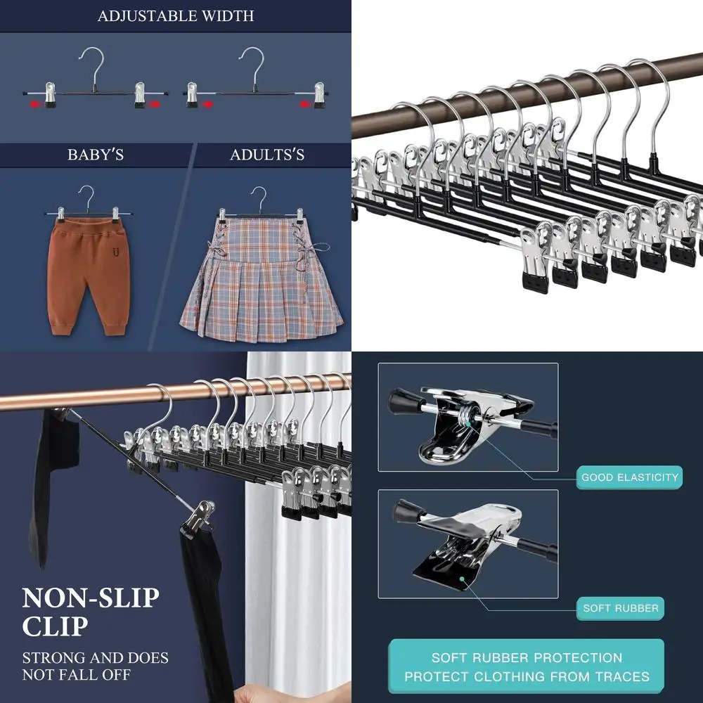 

60-Pack Adjustable Non-Slip Skirt & Pants Hangers for Women, Heavy-Duty Space-Saving, Black, 12-Inch